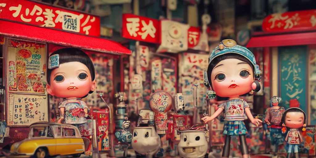 Image similar to closeup portrait of tin toy retro tokyo corner store diorama, depth of field, f 3 2, zeiss lens, detailed, centered, fashion photoshoot, by nicoletta ceccoli, mark ryden, lostfish, breathtaking, 8 k resolution, extremely detailed, beautiful, establishing shot, artistic, hyperrealistic, octane render, - h 8 0 4