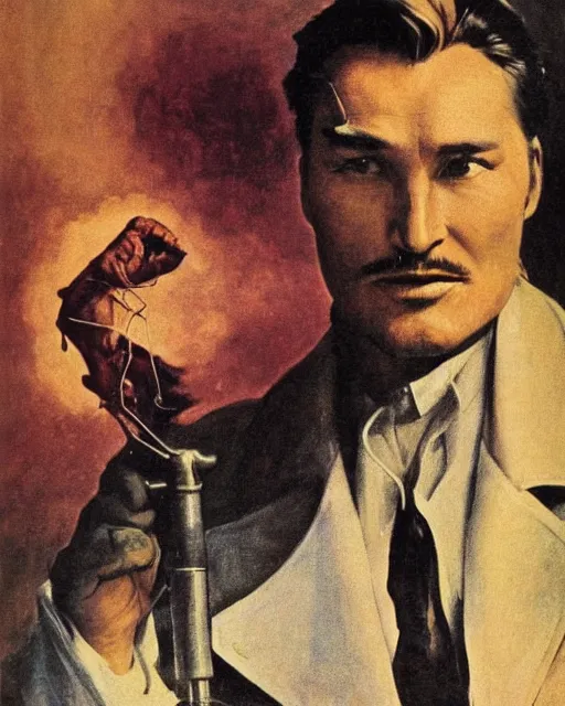 Image similar to Errol Flynn as a scientist. 1980s dystopian Soviet Russia, propaganda screens. Fantasy art by Greg Rutkowski, Gustave Courbet, Rosa Bonheur, Edward Hopper, Ilya Yefimovich Repin, Jean-François Millet, Andrew Newell Wyeth. Faithfully depicted facial expression, perfect anatomy, sharp focus, global illumination, radiant light, detailed and intricate environment, trending on ArtStation