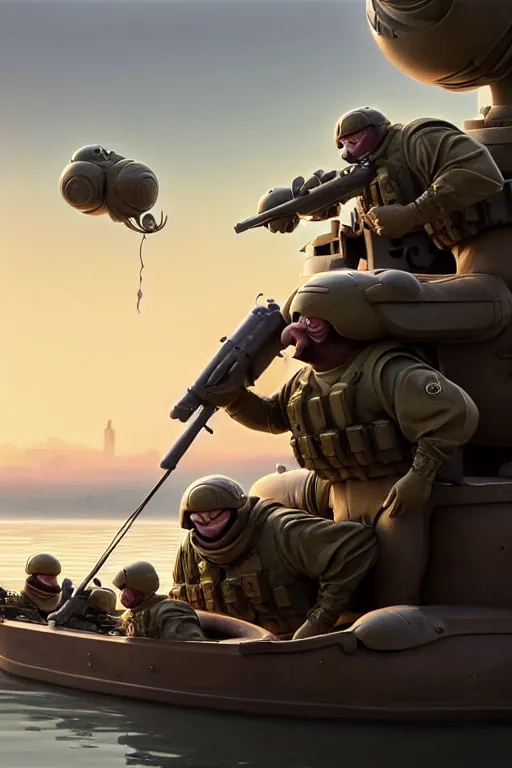 Image similar to pixar soldiers aiming at a walrus sleeping on a boat | glamorous oily soft polished rich ornate modern | weta disney pixar movie still photo | hi - fructose, sci fi fantasy, smooth, octane render, sharp focus, artstation, concept art | artgerm, mucha, rutkowski, feng zhu, wlop, loish