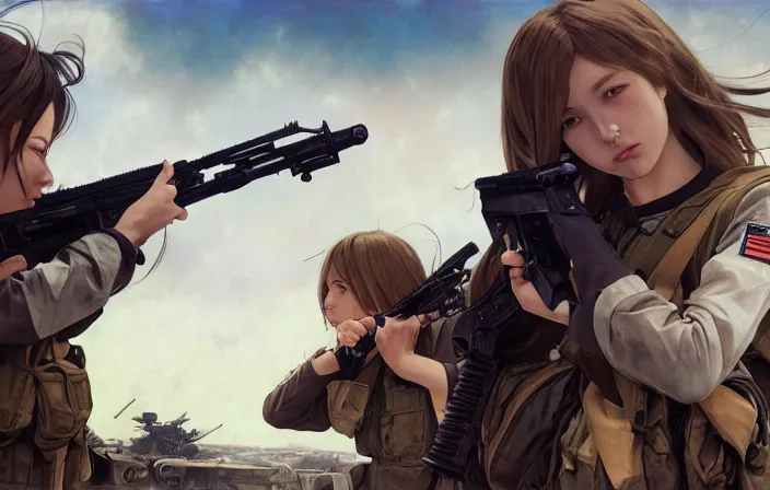 Image similar to war movie scene, squad, infantry girls, anime style, long hair, hair down, symmetrical facial features, explosions, wallpaper, from girls frontline, hyper realistic, pale skin, rule of thirds, extreme detail, 4 k, detailed drawing, trending artstation, hd, trading card, by alphonse mucha, greg rutkowski, backlit
