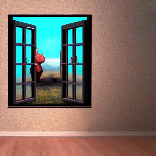 Prompt: photography, 3 d render, monster, window