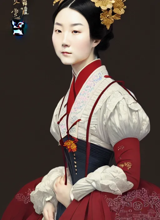 Image similar to a portrait of a young chinese woman in victorian clothing, confident pose, intricate, elegant, sharp focus, illustration, highly detailed, concept art, matte, trending on artstation, anime, art by james jean and artgerm and brian despain and alberto mielgo, greg rutkowski, wlop, ilya kuvshinov, strong strokes