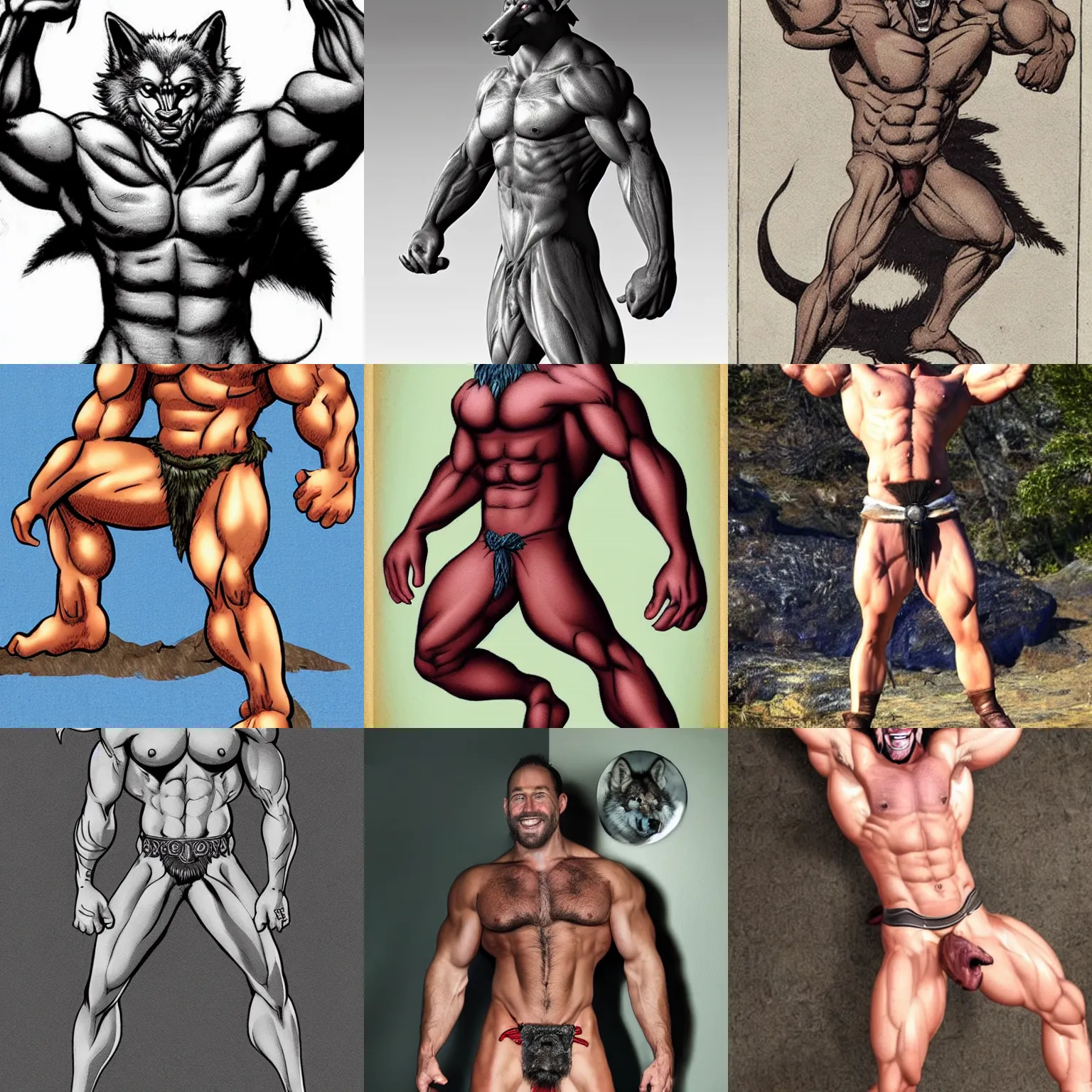 Prompt: happy muscular wolf beast-man wearing loincloth posing to show his muscles