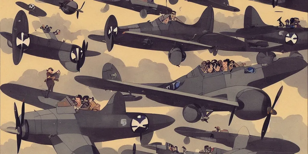 Image similar to world war two fighter planes, studio ghibli style, by tullio crali