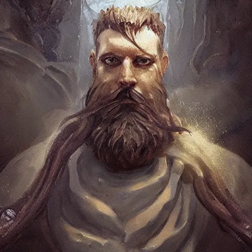 Image similar to A portrait of a cleric of Cthulu with short dark hair and a trimmed beard, he wears a cubic sandstone pendant around his neck, as dark magic emanates from his pendant tentacles spur from the water, digital art by Ruan Jia