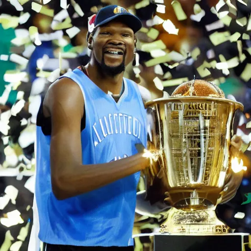 Prompt: photograph of kevin durant in boston celtics jersey, holding the larry o'brien trophy, photo curtosy of the associated press, champion, inspiring