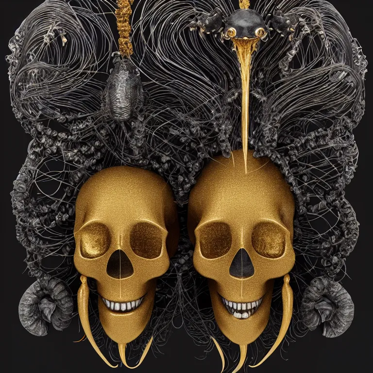 Image similar to black background. absolutely symmetrical sculpture. centered. goddess princess face close-up portrait ram skull. sculpture made of gold and black charcoal. jellyfish phoenix head, nautilus, orchid, skull, betta fish, bioluminiscent creatures, intricate artwork by Tooth Wu and wlop and beeple. octane render, trending on artstation, greg rutkowski very coherent symmetrical artwork. cinematic, hyper realism, high detail, octane render, 8k