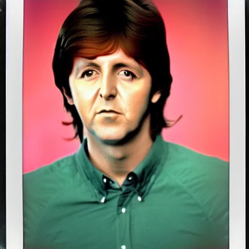 Image similar to Colored Colorized Polaroid Portrait of a younger 1970s 35 year old Paul McCartney, taken in the 1970s, photo taken on a 1970s polaroid camera, grainy, real life, hyperrealistic, ultra realistic, realistic, highly detailed, epic, HD quality, 8k resolution, body and headshot, film still, front facing, front view, headshot and bodyshot, detailed face, very detailed face, by Andy Warhol