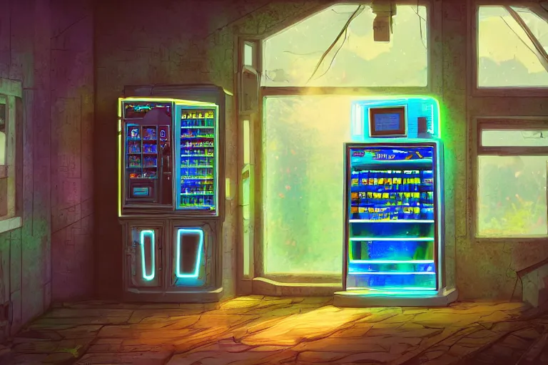 Image similar to an holographic vending machine inside the interior of an abandon house, sunny day, long shot, matte painting, digital art, in the style of studio ghibli, vivid colors, highly detailed, 8 k, establishing shot, smooth, trending on artstation, illustration, realistic