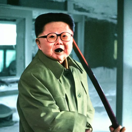 Prompt: a still of Kim Jong-il as Jason Voorhees, north Korean slasher, iconic hockey mask, machete, 35mm film