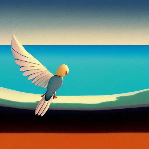 Prompt: goro fujita ilustration view from the sky of a bird with open wings full of feathers, flying over the ocean with waves, painting by goro fujita, sharp focus, highly detailed, artstation