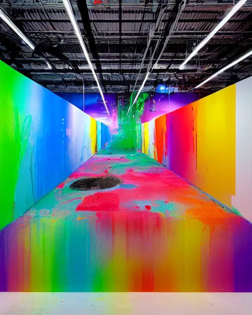 Image similar to Utrecht, in a vast IKEA living room showroom which has been vandalized, wrecked, with graffiti, spray paint and explosive color smoke and powder by Damien Hirst, Felipe Pantone, Lisa Frank