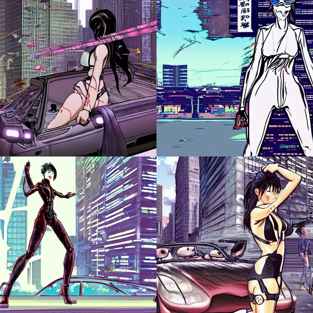 Prompt: girl in exoskeleton drifting through cybercity, in a convertible car, in the style of Yoshiaki Kawajiri of Ninja Scroll fame