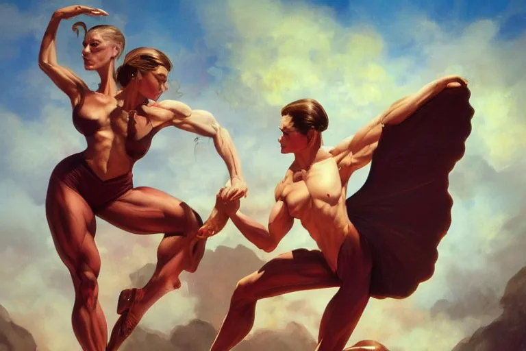 Image similar to muscular ballerina tight clothes that are tearing at the seams, digital painting, trending on artstation, 8 k wallpaper, frank frazetta, boris vallejo and julie bell