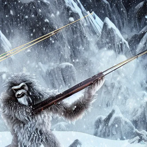 Image similar to a high detailed realistic photo of a yeti archers hunting mountain goats in a blizzard