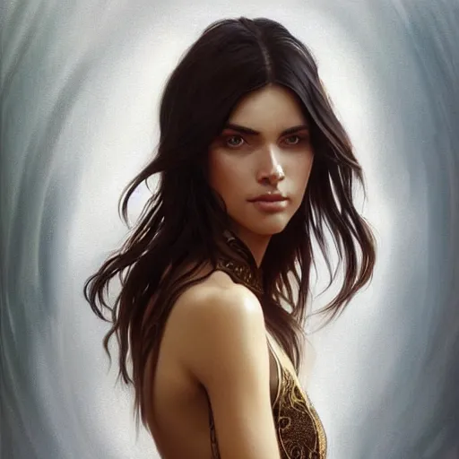 Image similar to Australian Supermodel, olive skin, long dark hair, beautiful bone structure, intricate, elegant, highly detailed, digital painting, artstation, concept art, smooth, sharp focus, illustration, art by artgerm and greg rutkowski and alphonse mucha