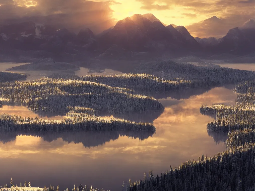 Prompt: epic crystalline taiga with a lake, golden hour, distant mountains, atmospheric perspective, altostratus clouds, planets, cinematic, 3 5 mm lens, photographic, cinematography by roger deakins, in the style of ansel adams