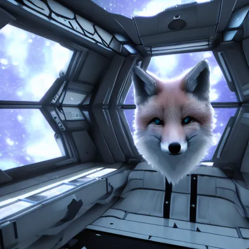 Prompt: a photography of a kitsune fox inside a spaceship, realistic unreal engine 5