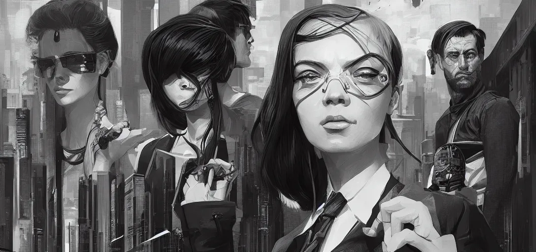 Prompt: cyberpunk madmen, pitching ideas, beautiful, detailed portrait, intricate complexity, ilya kuvshinov, cell shaded, 4 k, concept art, black and white, by wlop, ilya kuvshinov, greg rutkowski