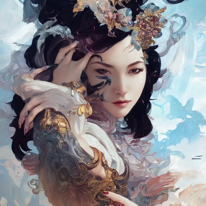 Image similar to photography of charline von heyl, beauty asian girl, deep focus, d & d, fantasy, intricate, elegant, highly detailed, digital painting, artstation, concept art, matte, sharp focus, illustration, hearthstone, art by artgerm and greg rutkowski and alphonse mucha