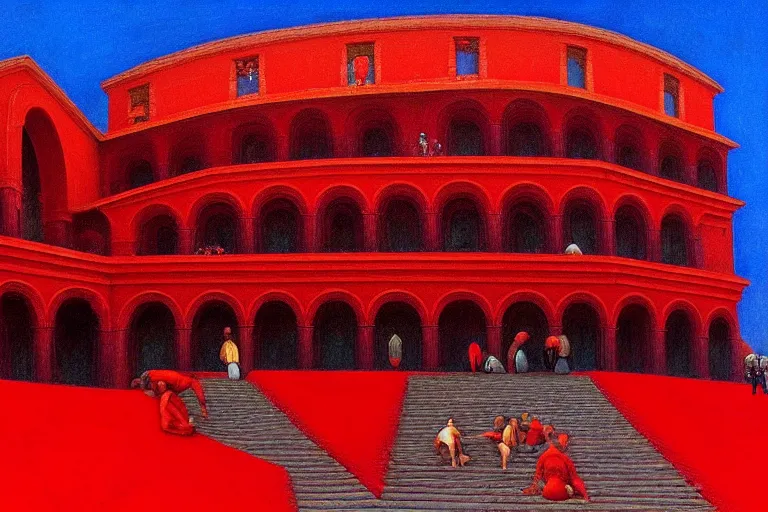 Image similar to only with red, a red great emperor, taormina amphitheatre, crowd with big smile, in the style of beksinski, parts by edward hopper, parts by rodcenko, parts by yue minjun, intricate and epic composition, red by caravaggio, insanely quality, highly detailed, masterpiece, red light, artstation, 4 k