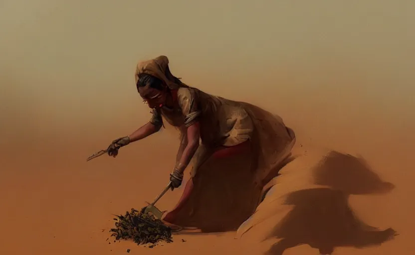 Image similar to A painting of a women harvesting spice in a desert trending on artstation in the style of Greg Rutkowski