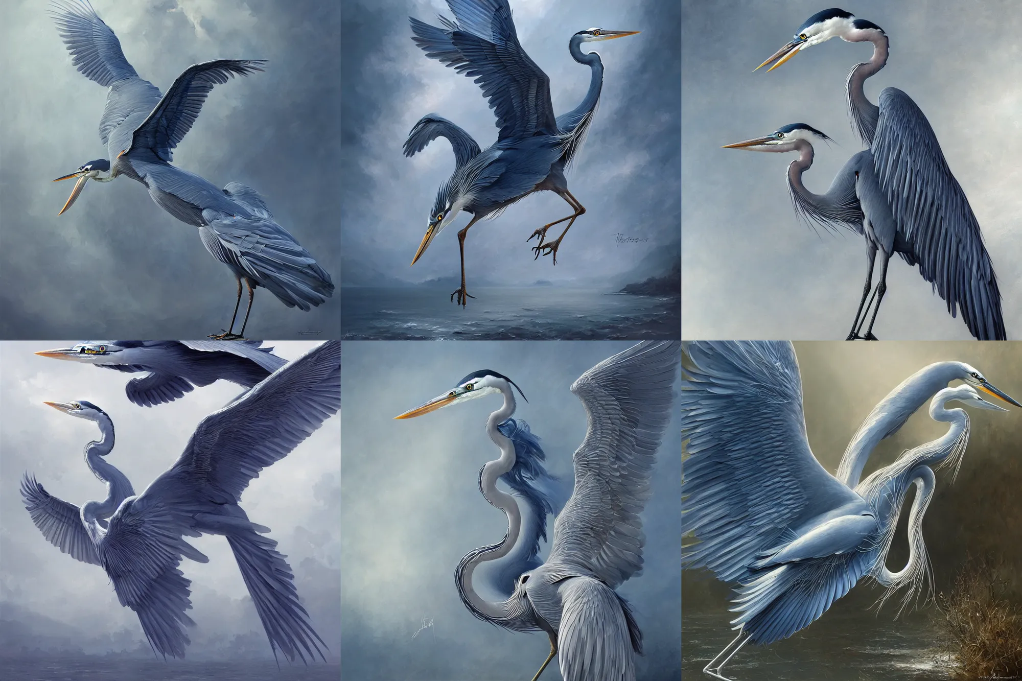 Prompt: portrait of a majestic blue heron spreading his wings, digital painting, extremely detailed, 4k, intricate, brush strokes, Mark Arian, Artgerm, Bastien Lecouffe-Deharme