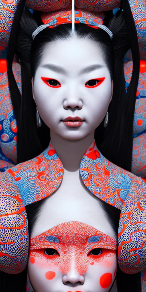 Image similar to hyperrealistic detailed image of a geisha in a art installation room, hd smooth interior by yayoi kusama, part by kei mieno, part by ross tran, dark art by james jean, ultra realistic, highly detailed, life like face, detailed body, 8 k, 3 d render by roger magrini, masterpiece