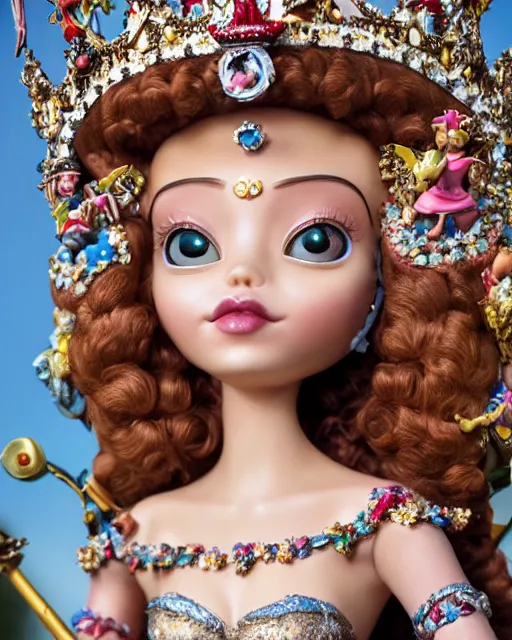 Image similar to highly detailed closeup, face profile portrait of a tin toy fairytale princess wearing a crown and sitting on a throne, bikini, depth of field, fashion photoshoot by nicoletta ceccoli, mark ryden, lostfish, dan decarlo, bob clampett, max fleischer, breathtaking, detailed and intricate environment, 8 k resolution, hyperrealistic, octane render