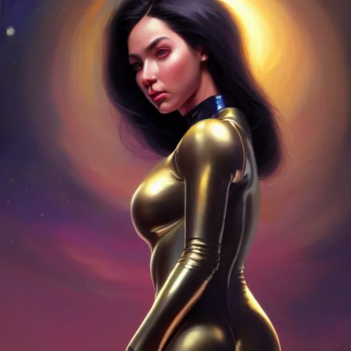 Image similar to a portrait of a very beautiful woman in a spacesuit, Alexandria\'s genesis, shoulder-length black hair, bored, illustration, soft lighting, soft details, painting oil on canvas by mark arian by artgerm, trending on artstation, 4k, 8k, HD