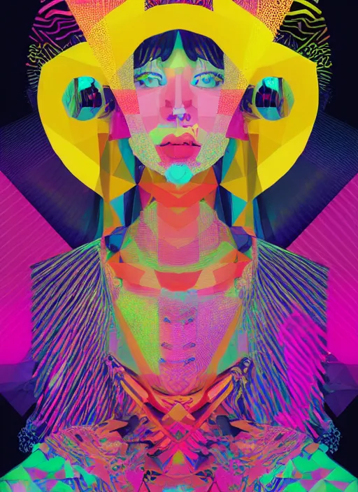 Prompt: portrait of a lowpoly fractal rave girl with musicassette ribbon hair, techno graphic design by kurt schwitters james jean liam brazier victo ngai tristan eaton, yellow violet black