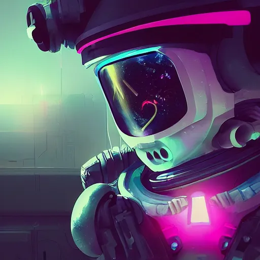 Prompt: cyberpunk astronaut bot, cinema 4 d, galaxy space sci - fi, wearing vr goggles, illustration, portrait, pastel neon textured background night, trending on artstation, greg rutkowski, octane rendered, 1 2 k, detailed,