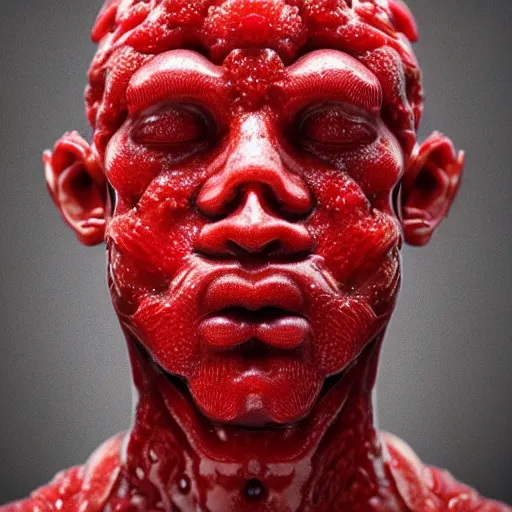 Image similar to man's head made out of strawberry skin, head is exploding into a swirl of jam, jam swirl explosion : ornate, dynamic, particulate, intricate, elegant, highly detailed, centered, artstation, smooth, sharp focus, octane render