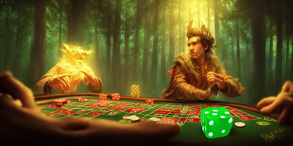 Image similar to a mythical, magical forest spirit wizard rolling d 6 casino dice, glowing energy, fantasy magic, by willian murai and jason chan and marco bucci, hyper detailed and realistic, illustration, sharp focus, cinematic, rule of thirds, foresthour