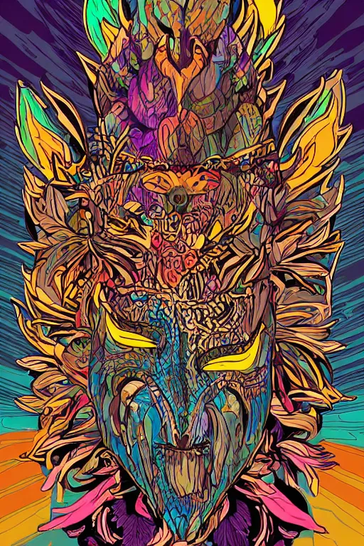 Image similar to animal mask totem roots flower tribal feather gemstone plant wood rock shaman vodoo video game vector cutout illustration vivid multicolor borderlands comics by josan gonzales and dan mumford radiating a glowing aura