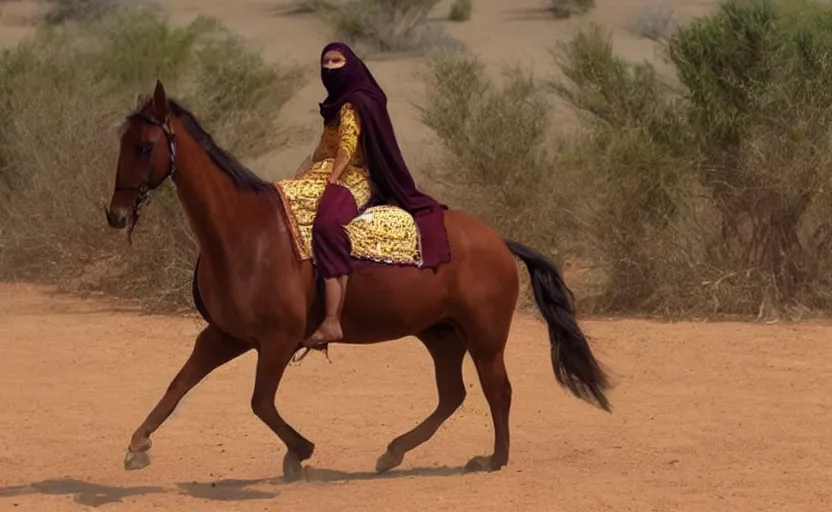 Image similar to beautiful burqa's woman, riding a horse!!! in saharan, sharp eyes, handling riffle on chest, shooting pose, perfect posture, dust, cinematic, dynamic pose, pinterest, center of interest