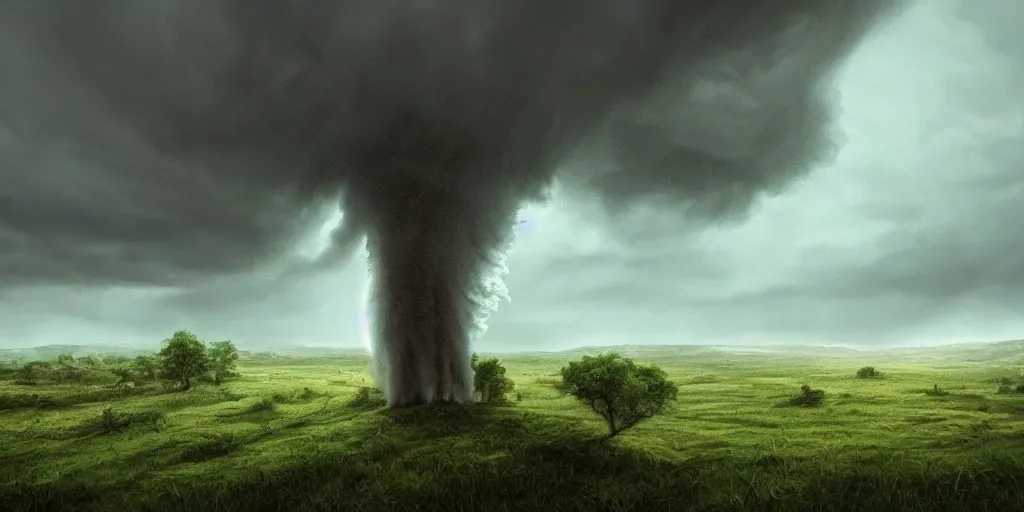 Image similar to A tornado in a beautiful scenic landscape, nature, trees, wide angle, super highly detailed, professional digital painting, artstation, concept art, smooth, sharp focus, no blur, no dof, extreme illustration, Unreal Engine 5, Photorealism, HD quality, 8k resolution, cinema 4d, 3D, beautiful, cinematic, art by artgerm and greg rutkowski and alphonse mucha and loish and WLOP