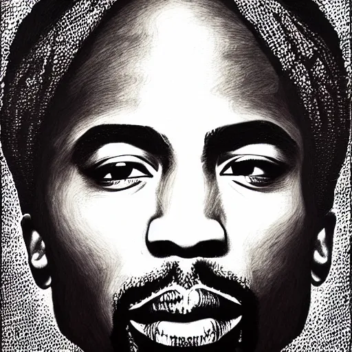 Image similar to tupac portrait, drawn with dots, art, minimalist,