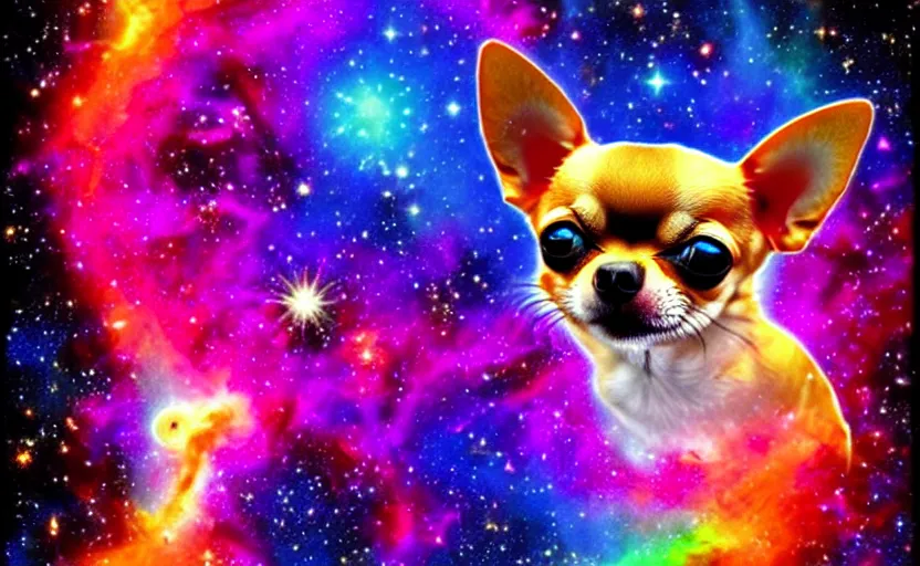 Image similar to Cosmic Chihuahua, colossal cute dog swimming the colorful nebulae, canine galaxy, dog star.