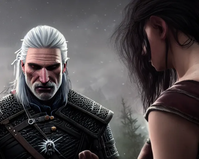 Prompt: 5 5 mm portrait photo of geralt cowering while being yelled at by yennefer of vengerberg. magical atmosphere. art by greg rutkowski. highly detailed 8 k. intricate. lifelike. soft light. nikon d 8 5 0.