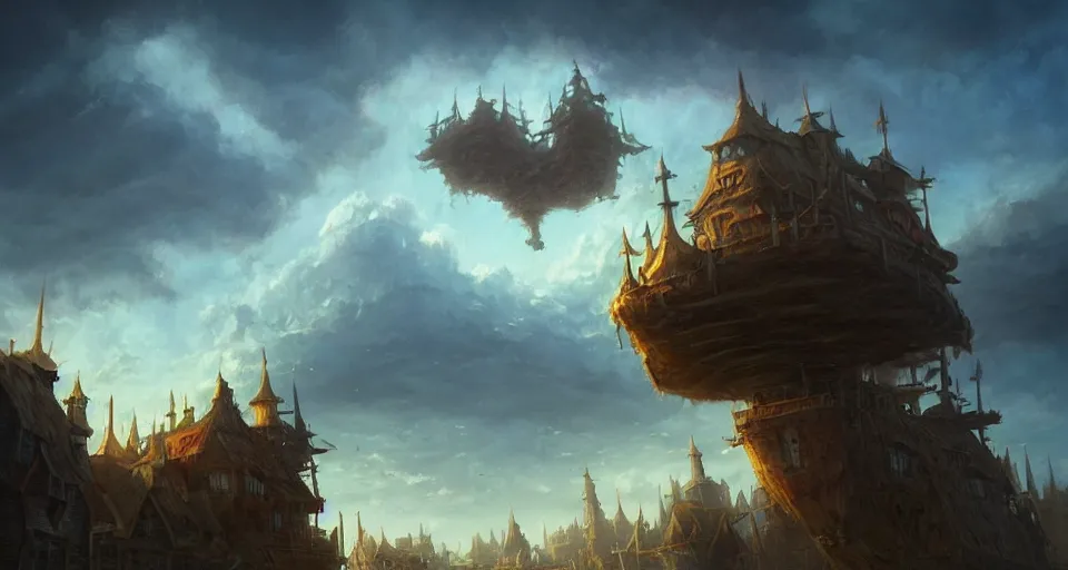 Image similar to low fantasy, landscape an floating town in the sky and an sky - ship flying towards it andreas rocha