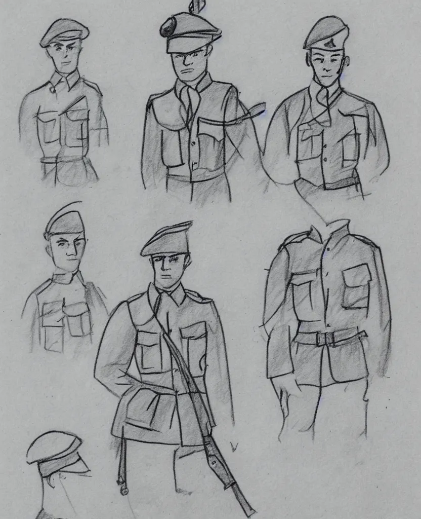 Image similar to sketchbook pages, stil frames of a drawing of a soldier from wwii writing a letter to home, stop motion, minimal, black and wite