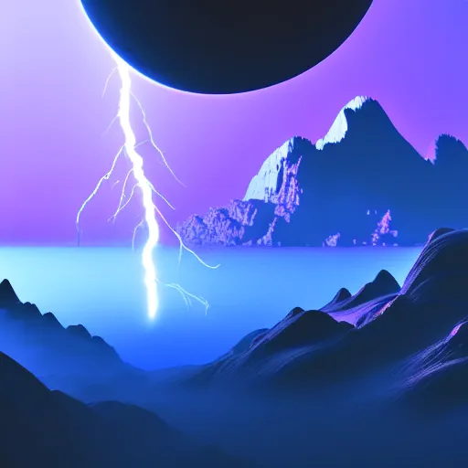 Image similar to an alien planet with mountains, water, strange clouds, hyper realistic, dramatic lightning, ray tracing, high resolution photo, 8 k