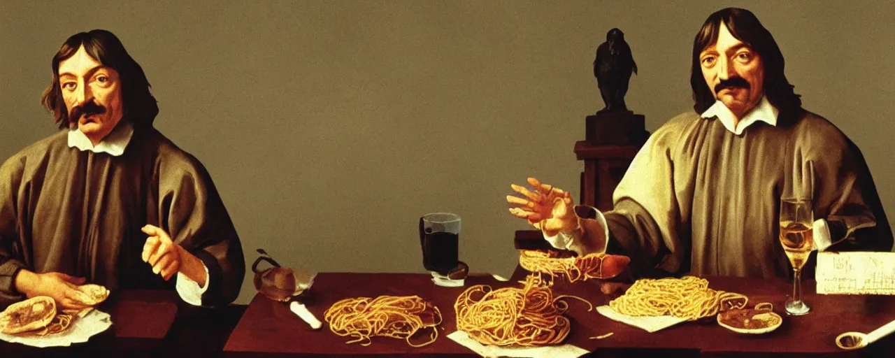 Image similar to rene descartes discussing spaghetti philosophy, 1 5 0 0 s, kodachrome, in the style of wes anderson, retro