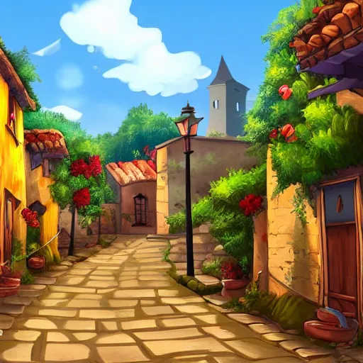 Prompt: A Spanish village. 2D videogame seamless parallax background.