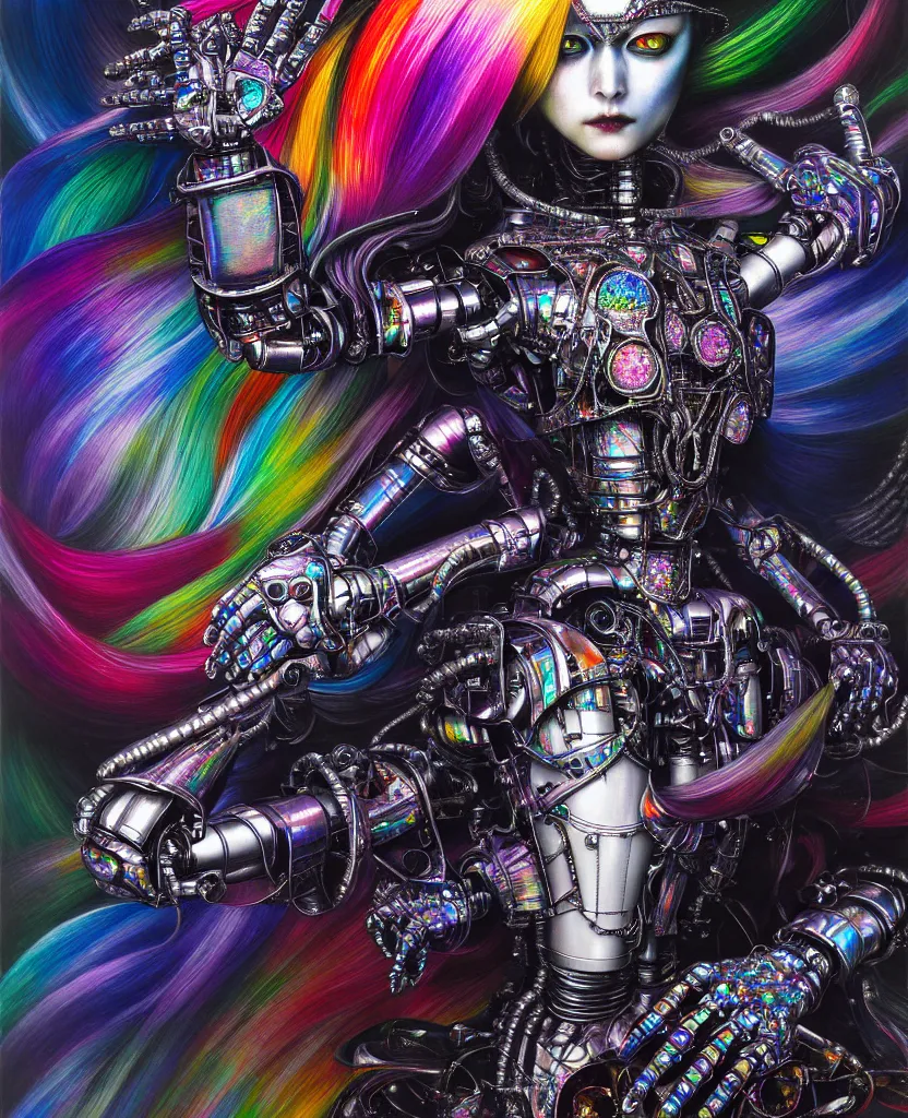 Prompt: realistic detailed image of ultra wrathful rainbow diamond iridescent mega chromed female robot, depth perception, depth of field, action horror by ayami kojima, neo - gothic, gothic, part by adrian ghenie and gerhard richter. art by hajime sorajama, masterpiece