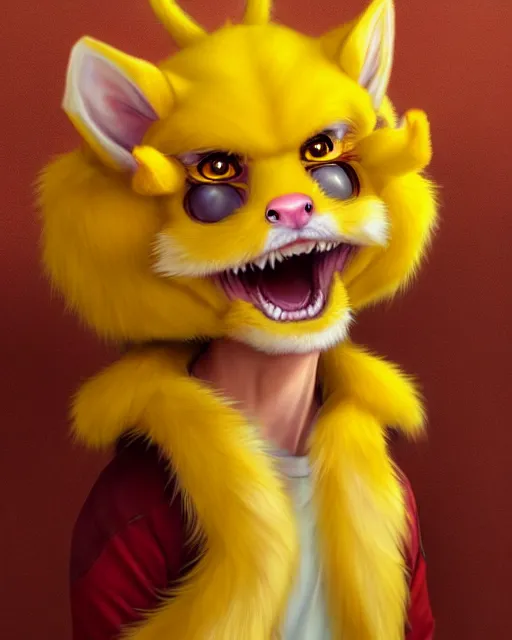 Image similar to character concept art of a cute young male anthropomorphic yellow dragon furry | | cute - fine - face, pretty face, key visual, realistic shaded perfect face, fine details by stanley artgerm lau, wlop, rossdraws, james jean, andrei riabovitchev, marc simonetti, and sakimichan, trending on artstation