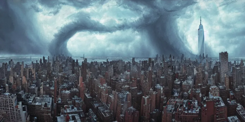 Prompt: A tornado ravaging New York City, wide angle, super highly detailed, professional digital painting, artstation, concept art, smooth, sharp focus, no blur, no dof, extreme illustration, Unreal Engine 5, Photorealism, HD quality, 8k resolution, cinema 4d, 3D, beautiful, cinematic, art by artgerm and greg rutkowski and alphonse mucha and loish and WLOP