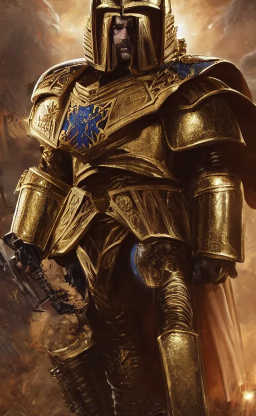 Prompt: angry Henry Cavill as warhammer 40k God-Emperor of Mankind dressed in his glowing golden power armor with no helmet. full-length portrait, beautiful face, long hair, painted by Donato Giancarlo, intricate fine armor rune details, cinematic, highly detailed, octane render