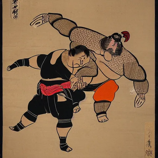 Prompt: japanese sumo wrestler hakuho defeating a medieval knight in a sumo match to clinch the title, style of japanese art scrolls